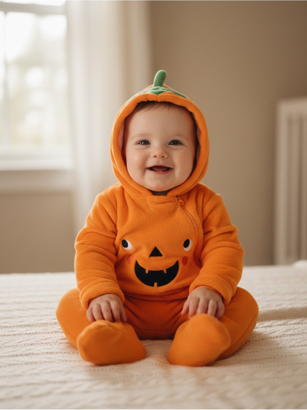 George Orange Pumpkin Hooded One-Piece Costume with Green Stem